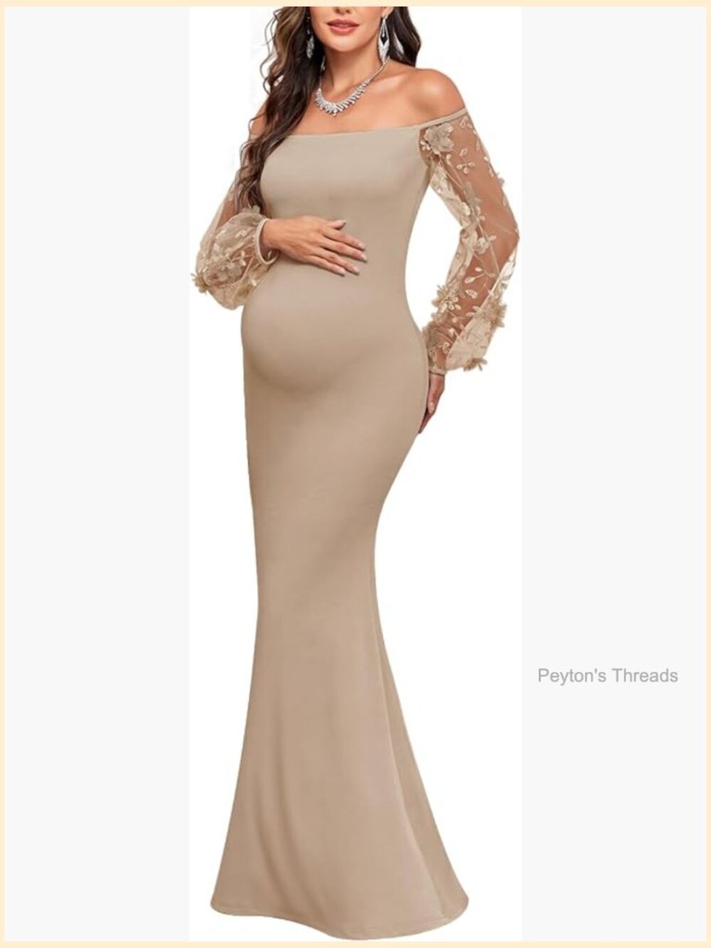 Off-Shoulder Maternity Evening Gown 3D Floral Mesh Sleeves Mermaid Maxi Dress